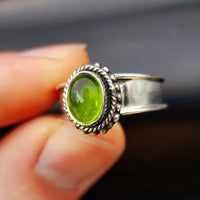 (R) Solid Sterling Silver & Natural Peridot Handmade Rustic Solitaire Ring