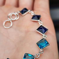 Solid Sterling Silver & Natural Blue Topaz & Sapphire Handmade Chain Bracelet