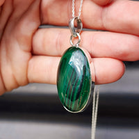 Solid Sterling Silver & Natural Malachite Handmade Oval Pendant & Chain Necklace