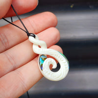 Natural Hand Carved Maori Bone Carving Pendant Necklace - Etched Koru Twist - Paua Inlay