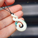Natural Hand Carved Maori Bone Carving Pendant Necklace - Etched Koru Twist - Paua Inlay