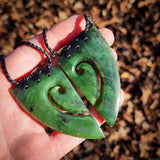 2pcs Matching NZ Greenstone Pounamu Koru Heart Pendant Necklace Pair (N955)