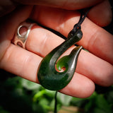 Nephrite Jade / Greenstone Whale Tail Hook Pendant Necklace (N498)