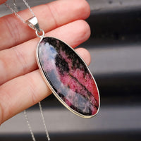 Solid Sterling Silver & Natural Rhodonite Handmade Oval Pendant & Chain Necklace