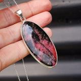 Solid Sterling Silver & Natural Rhodonite Handmade Oval Pendant & Chain Necklace