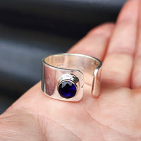 (R) Solid Sterling Silver & Blue Sapphire Handmade Wide Band Ring