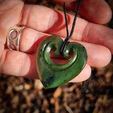 NZ Greenstone Pounamu Double Koru Heart Pendant Necklace (N919)