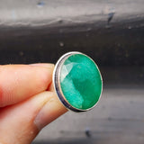 (Q) Solid Sterling Silver & Natural Emerald Handmade Solitaire Ring