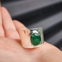 (V) Solid Sterling Silver & Natural Emerald Handmade Rustic Cuff Ring