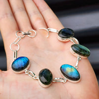 Solid Sterling Silver & Natural Labradorite Handmade Chain Bracelet