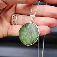 Solid Sterling Silver & Natural Nephrite Greenstone Handmade Round Pendant Necklace