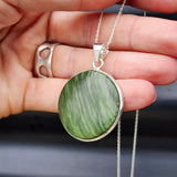 Solid Sterling Silver & Natural Nephrite Greenstone Handmade Round Pendant Necklace
