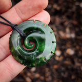 NZ Greenstone Pounamu Notched Koru Pendant Necklace (N947)