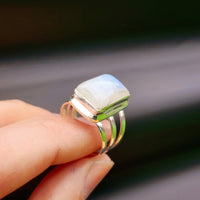(R) Solid Sterling Silver & Natural Moonstone Handmade Rectangle Cage Ring