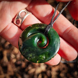 NZ Greenstone Pounamu Notched Koru Pendant Necklace (N957)
