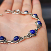 Solid Sterling Silver & Natural Lapis Lazuli Handmade Chain Bracelet