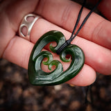 NZ Greenstone Pounamu Quad Koru Heart Pendant Necklace (N934)