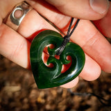 NZ Greenstone Pounamu Triple Koru Heart Pendant Necklace (N1012)