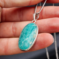 Silver Plated & Natural Amazonite Handmade Oval Pendant & Chain Necklace (30X9)
