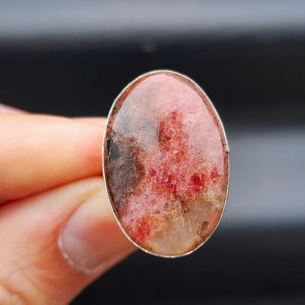 (O) Solid Sterling Silver & Natural Rhodonite Handmade Oval Solitaire Ring
