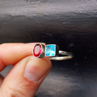 (T) Solid Sterling Silver & Double Setting Garnet & Topaz Handmade Ring
