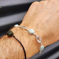 Solid Sterling Silver & Natural Larimar With Quartz Handmade Chain Bracelet