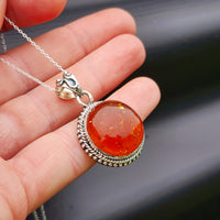 100% Solid Sterling Silver & Natural Amber Handmade Round Pendant Necklace
