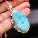 Solid Sterling Silver & Natural Blue Larimar Handmade Oval Necklace