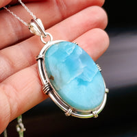 Solid Sterling Silver & Natural Blue Larimar Handmade Oval Necklace