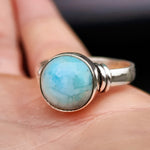 (T) Solid Sterling Silver & Natural Larimar Handmade Round Solitaire Ring