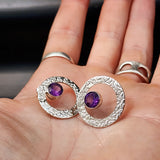 22mm Round Sterling Silver & Natural Amethyst Textured Stud Earrings