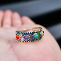 Solid Oxidized 925 Sterling Silver & Mixed Gemstone Band Ring