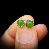 Nephrite Jade / Greenstone & Solid 935 Silver Heart Stud Earrings