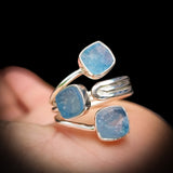 (Adjustable) Solid 925 Sterling Silver & Natural Raw Aquamarine 3x Setting Ring