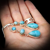 925 Sterling Silver & Natural Larimar 3x Setting Handmade Hanging Hook Earrings