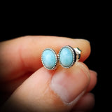 Natural Larimar & Solid 925 Sterling Silver Oval Stud Earrings