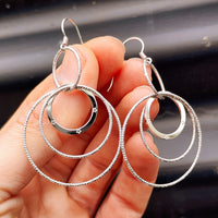 Solid 925 Sterling Silver 63mm Long 3x Round Set Hanging Italian Earrings