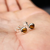Solid 925 Sterling Silver & 5mm Natural Tiger Eye Round Stud Earrings