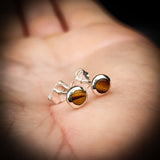 Solid 925 Sterling Silver & 5mm Natural Tiger Eye Round Stud Earrings