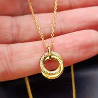 Solid 925 Sterling Silver Gold CZ Diamond Double Ring Necklace