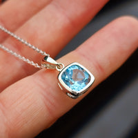 Solid 925 Sterling Silver & 10mm Sky Blue Topaz Square Pendant Necklace
