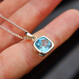 Solid 925 Sterling Silver & 10mm Sky Blue Topaz Square Pendant Necklace