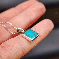 Solid 925 Sterling Silver & Natural Turquoise Square Pendant Necklace