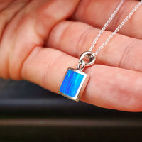 Solid 925 Sterling Silver & 11mm Square Created Blue Opal Pendant Necklace