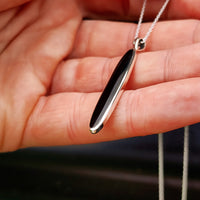 Solid 925 Sterling Silver & 38mm Natural Black Onyx Long Oval Pendant Necklace