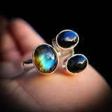 Solid 925 Sterling Silver & Natural Labradorite Cluster Ring