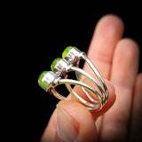 (R) Rustic Handmade Solid 925 Sterling Silver & Natural Peridot 3x Setting Cage Ring