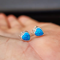 Solid 925 Sterling Silver & 6mm Created Opal Heart Stud Earrings
