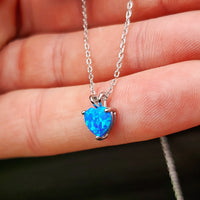 Solid 925 Sterling Silver & Created Blue Opal 7mm Heart Pendant Necklace