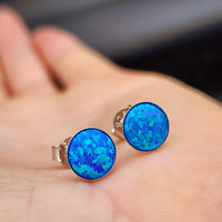 Solid 925 Sterling Silver & 8mm Created Opal Round Stud Earrings
